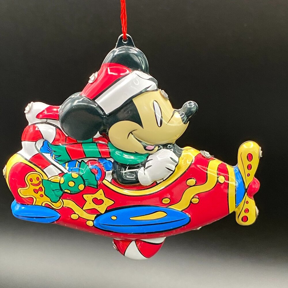 Vintage 2000 Disney's Candy Cane Mickey Mouse Plane Christmas Tree Tin Ornament